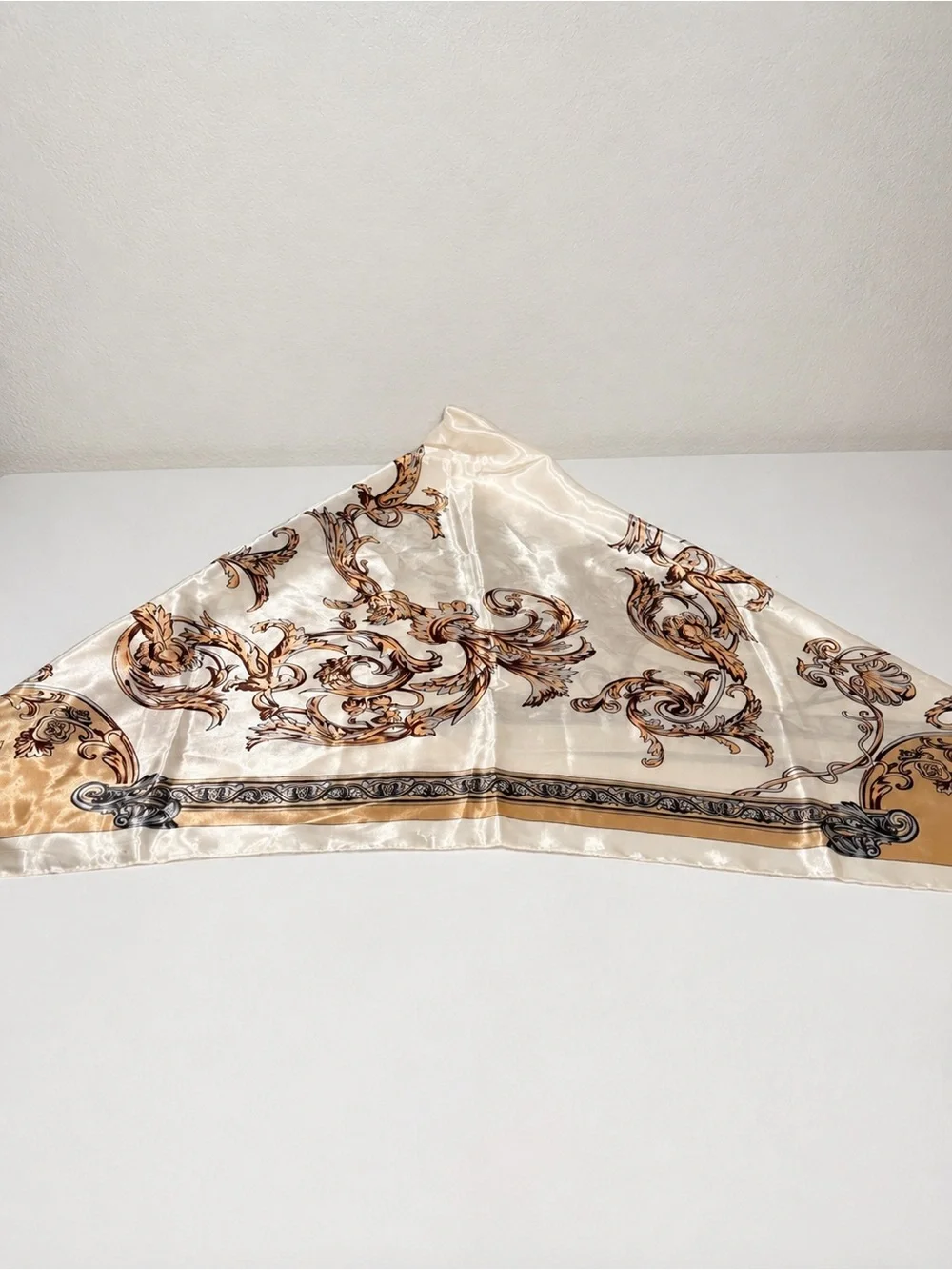RIIQIICHY Satin Head Scarf 35” Ivory Beige Brown Baroque Hair Wrap Bandana
